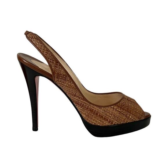 Christian Louboutin Raffia and Leather Yoyo Slingback Heels Brown Sz 39 - Picture 3 of 12